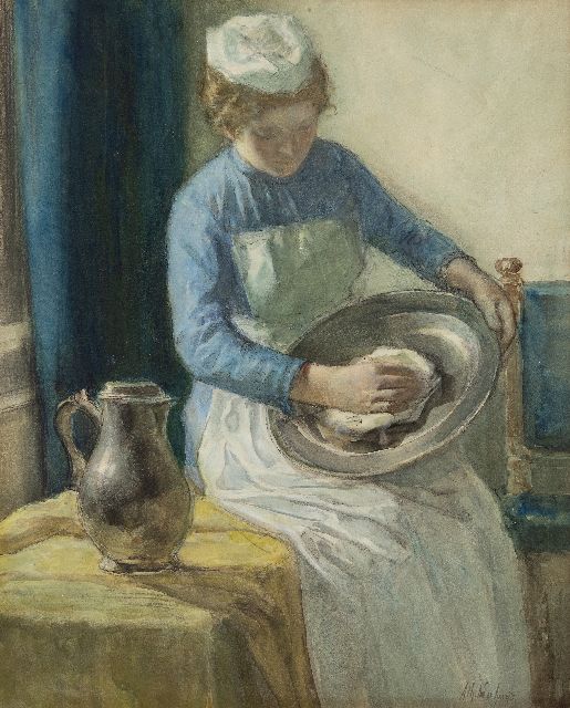 Albert Neuhuys | Polishing the tin bowl, crayon and watercolour on paper, 55.3 x 44.7 cm, signed l.r.
