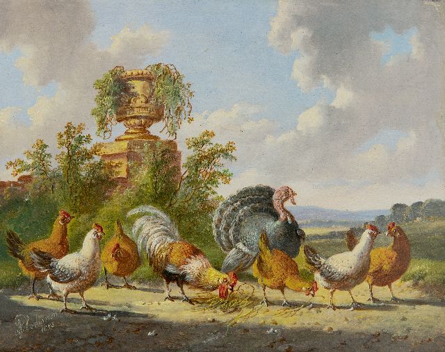 Verhoesen A.  | Poultry in a landscape, oil on panel 14.3 x 18.6 cm, signed l.l. and dated 1878