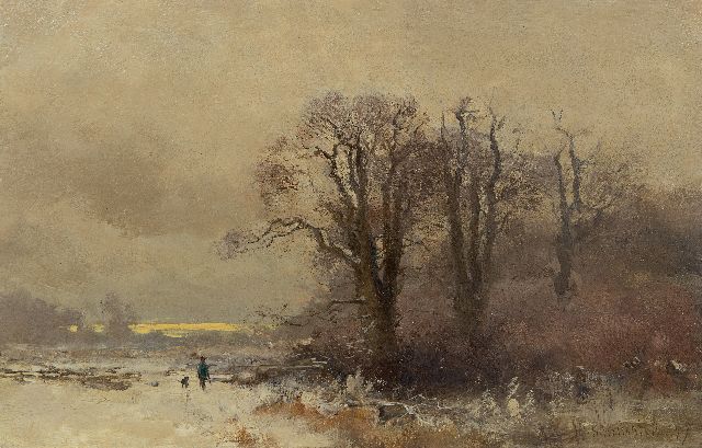 Hollestelle J.H.  | Hunter and his dog in a snowy landscape, oil on panel 20.5 x 31.6 cm, signed l.r. and dated '99
