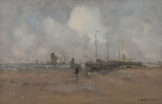 Willem George Frederik Jansen | A beach scene with fisherman's wife and boats, oil on canvas, 30.1 x 45.5 cm, signed l.r.