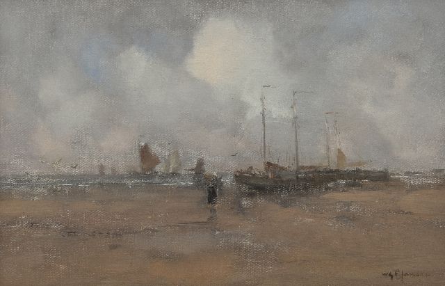 Jansen W.G.F.  | A beach scene with fisherman's wife and boats, oil on canvas 30.1 x 45.5 cm, signed l.r.