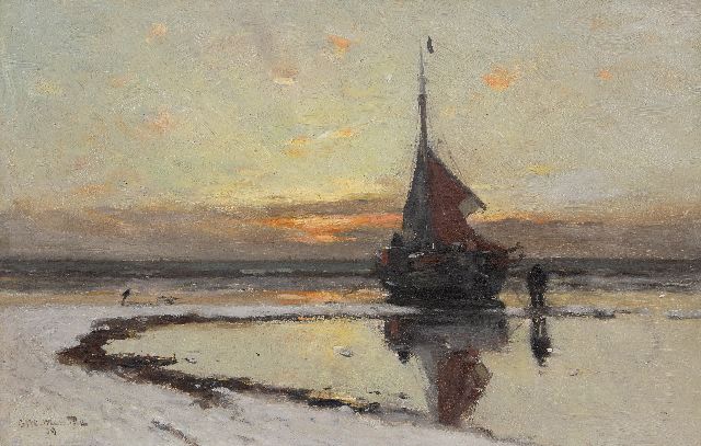 Munthe G.A.L.  | Sunset on the beach of Katwijk, oil on canvas 40.3 x 63.2 cm, signed l.l. and dated '19