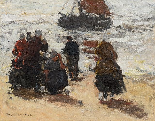 Munthe G.A.L.  | The arrival of the fishing barge, oil on canvas laid down on panel 40.1 x 51.1 cm, signed l.l. and dated '14