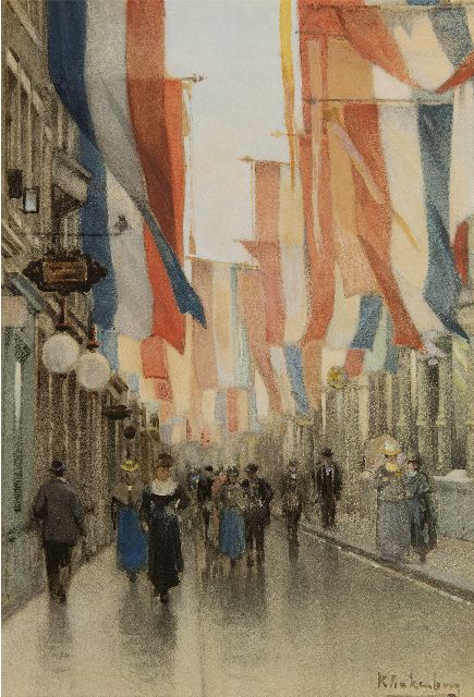 Karel Klinkenberg | The Spuistraat in The Hague on Queen's Day, watercolour and gouache on paper, 42.8 x 29.6 cm, signed l.r.