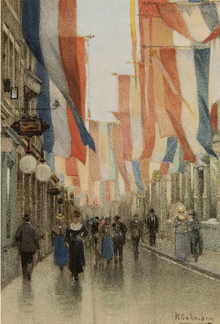 Klinkenberg J.C.K.  | The Spuistraat in The Hague on Queen's Day, watercolour and gouache on paper 42.8 x 29.6 cm, signed l.r.