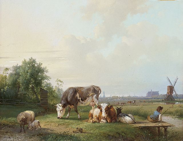 Pieter Plas | Cattle and an angler in a landscape,  Alkmaar in the distance, oil on canvas, 44.4 x 55.2 cm, signed l.l. and dated 1842