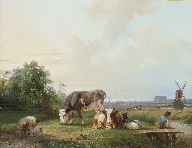 Plas P.  | Cattle and an angler in a landscape,  Alkmaar in the distance, oil on canvas 44.4 x 55.2 cm, signed l.l. and dated 1842