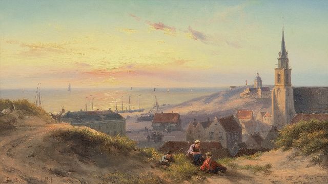 Koekkoek J.H.B.  | Sunset at the beach at of Scheveningen, oil on panel 24.0 x 41.5 cm, signed l.l. and dated 1888