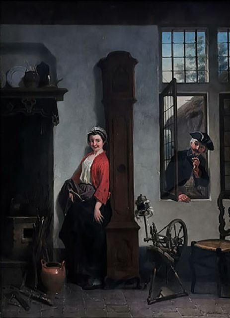 Belgische School, 2e helft 19e eeuw   | A visit while spinning, oil on panel 69.8 x 49.4 cm, signed l.r. and dated 1865