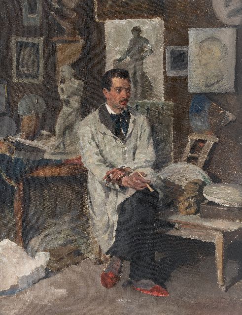 Johannes Weiland | Artist in his studio, oil on canvas, 49.2 x 37.7 cm, signed l.r.