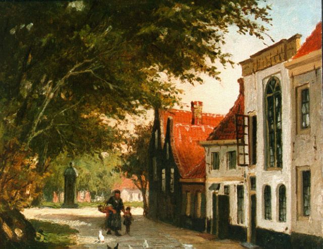 Johannes Jacobus Mittertreiner | A townview in summer with mother and child, oil on panel, 14.5 x 18.2 cm, signed l.r.