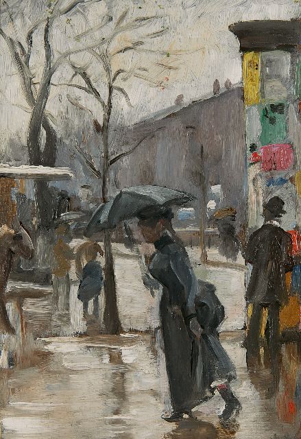 Hoeniger P.  | A rainy day along the Seine in Paris, oil on panel 24.7 x 16.9 cm, signed r.o.