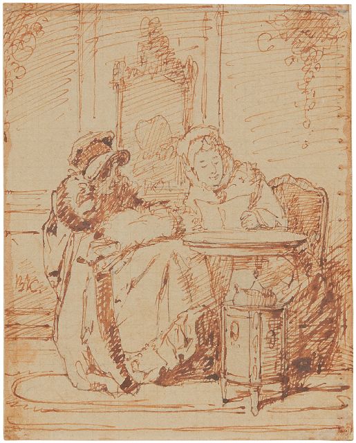 Bakker Korff A.H.  | Reading the letter, pencil, pen and ink on paper 11.0 x 8.8 cm, signed c.l.. with monogram