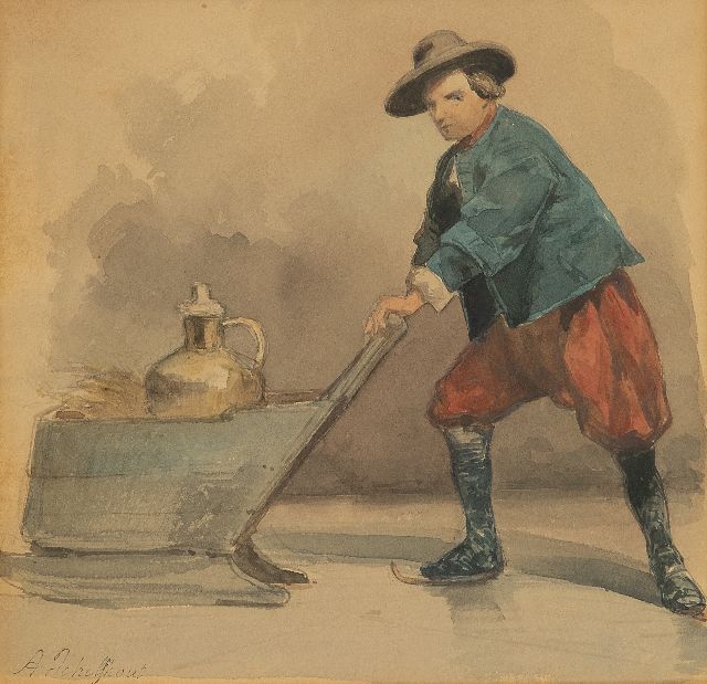 Schelfhout A.  | Skater with a copper milk can on a sledge, watercolour on paper 23.0 x 21.0 cm, signed l.l.