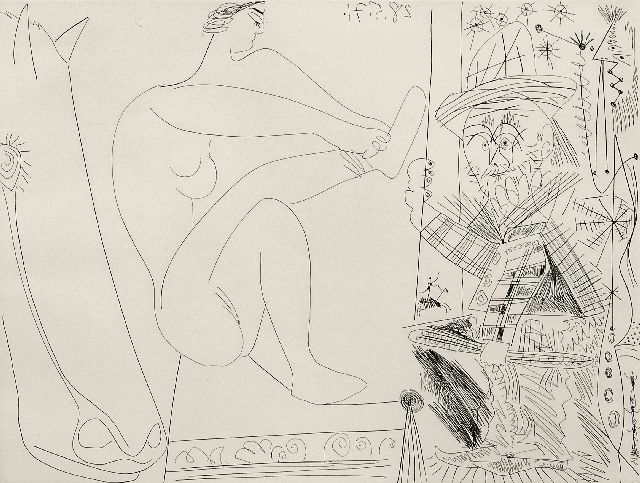 Picasso | Au cirque. Écuyère se chaussant dans les coulisses et clown au trapèze., etching, 31.4 x 41.2 cm, dated 28.5.71 (in the plate)