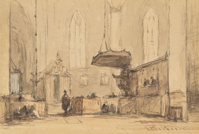 Bosboom J.  | Interior of the Grote Kerk in Alkmaar, watercolour on paper 12.1 x 18.2 cm, signed l.r.