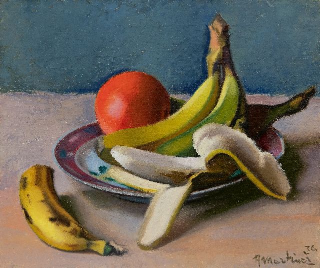 Raoul Martinez | Still life with bananas and an orange, oil on canvas, 35.3 x 42.3 cm, signed l.r. and dated '36