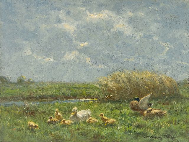 Constant Artz | Duck family in a polder landscape, oil on panel, 18.1 x 24.1 cm, signed l.r.