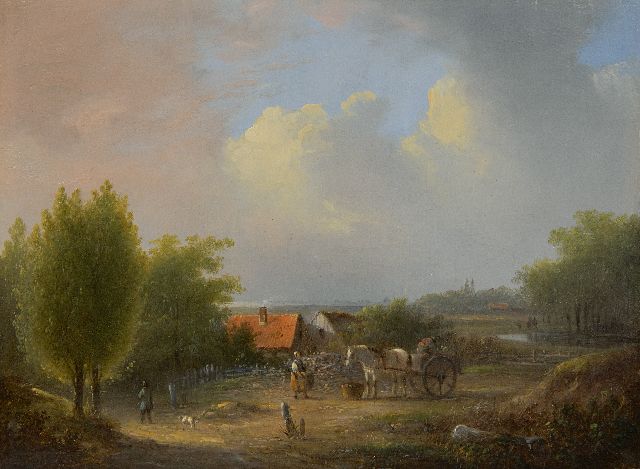 Stok J. van der | Extensive landscape with peasants, oil on panel 19.3 x 26.0 cm