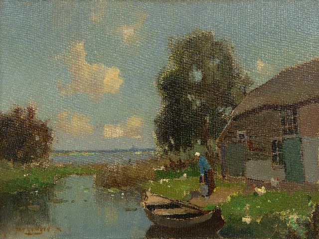 Jan Knikker jr. | Farmyard on a lake, oil on canvas, 30.5 x 40.4 cm, signed l.l. and dated '75