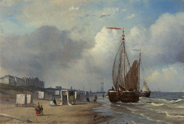 Schiedges P.P.  | The beach of Scheveningen with bathing carriages, fishermen and fishing boats, oil on panel 23.5 x 34.4 cm, signed l.l. and dated '62