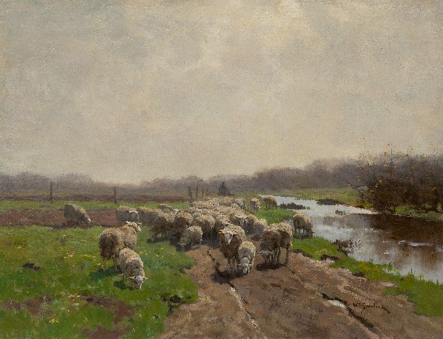 Willem Steelink jr. | Shepherd with flock of sheep, oil on canvas, 51.5 x 67.0 cm, signed l.r.