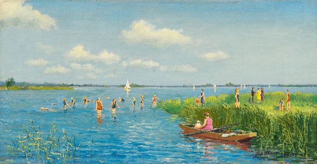 Jan Planting | Summer swimming fun at De Leien in Friesland, oil on canvas, 19.6 x 37.1 cm, signed l.r. and dated 1939