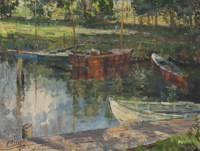 Jan Altink | Sailing boats moored along the Paterswoldsemeer, oil on canvas, 60.8 x 80.6 cm, signed l.l. and dated '43
