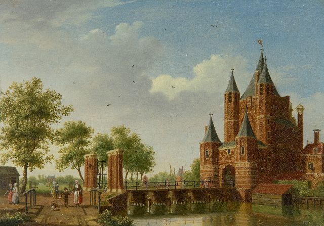 Ouwater I.  | View of the city gate Amsterdamse Poort in Haarlem, oil on panel 13.8 x 19.6 cm, (prijs is per pendant, verkoop alleen tezamen)