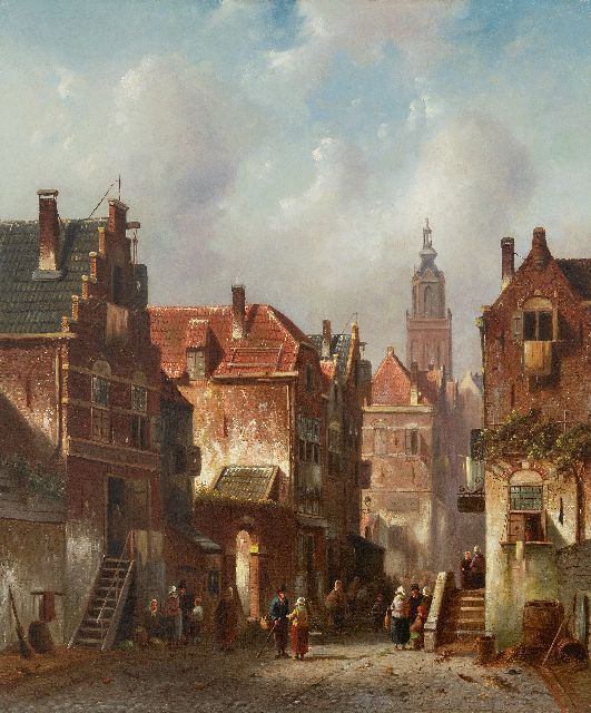 Charles Leickert | Market day in a Dutch town with left the Bank of Loan, oil on canvas, 59.5 x 49.6 cm, signed l.l.