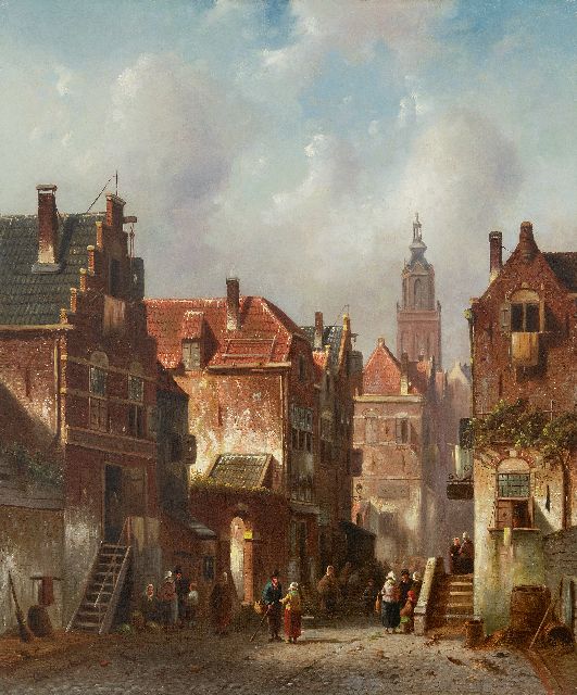 Leickert C.H.J.  | Market day in a Dutch town with left the Bank of Loan, oil on canvas 59.5 x 49.6 cm, signed l.l.