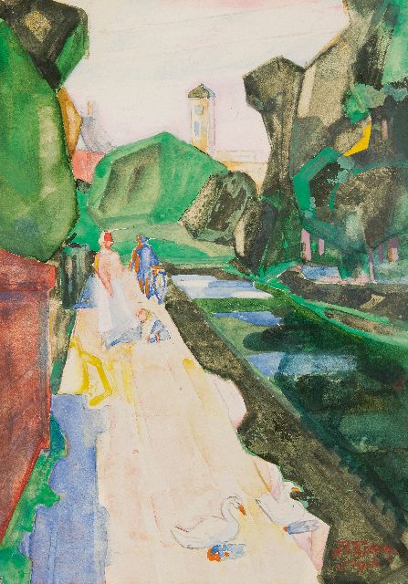 Toorop J.Th.  | Figures in a park, pencil and watercolour on paper 21.5 x 15.5 cm, signed l.r. and dated 1926