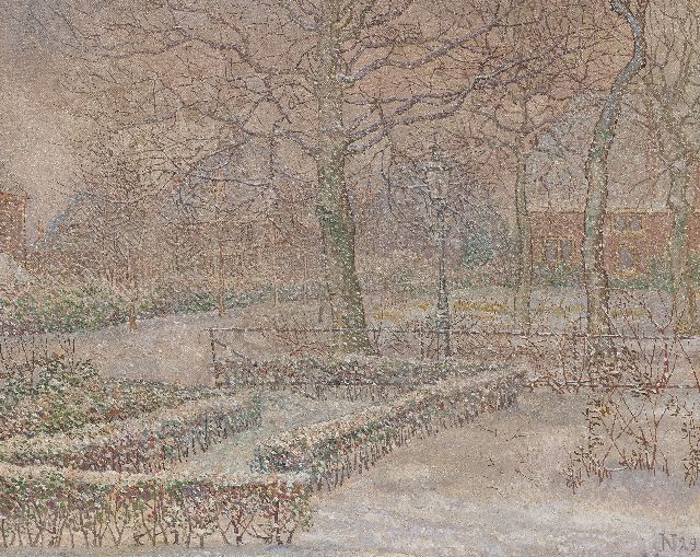 Nieweg J.  | The artist's snowy garden, Amersfoort, oil on canvas 40.5 x 50.5 cm, signed l.r. with monogram and dated '29