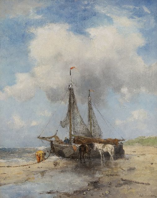 Johan Frederik Cornelis Scherrewitz | Fishing boats on the beach, oil on canvas, 50.5 x 40.5 cm, signed l.r.