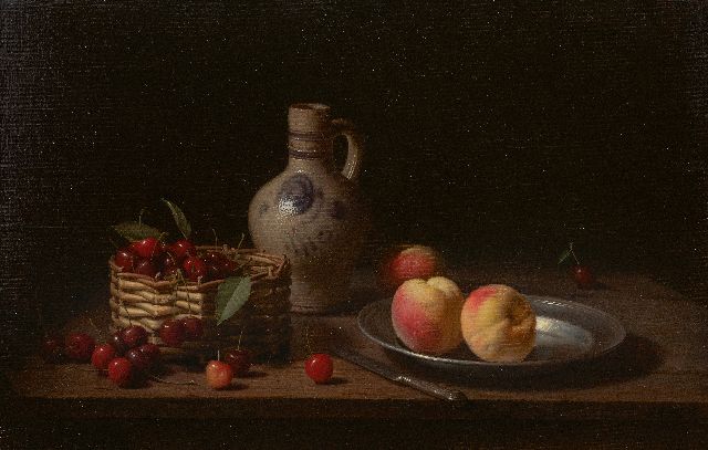 Jan Eversen | Still life with cherries in basket, jug and peaches, oil on canvas, 40.8 x 61.0 cm, signed l.r. and dated 1973