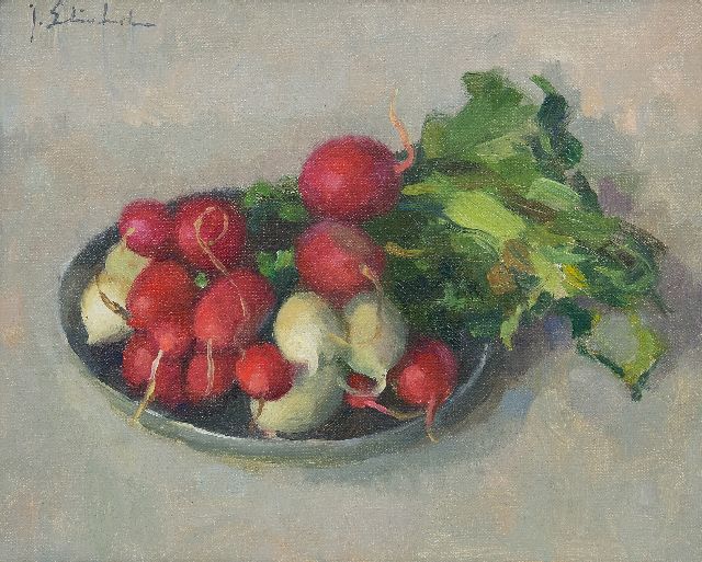 Stierhout J.A.U.  | Red and white radishes on a plate, oil on canvas 20.1 x 25.3 cm, signed u.l.