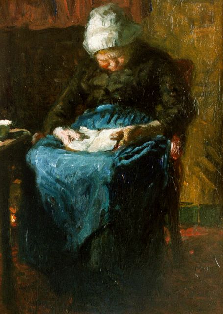 Bernard Blommers | Elderly lady asleep, oil on panel, 34.7 x 24.7 cm
