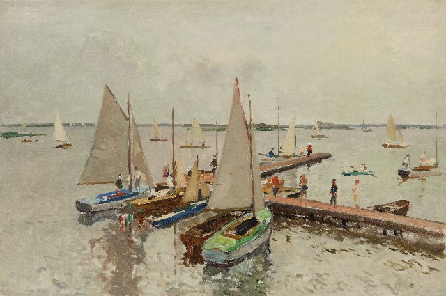 Cornelis Vreedenburgh | Docked sailing boats at the Loosdrechtse Plassen, oil on canvas, 59.0 x 89.0 cm, signed l.r. (remains) and painted ca. 1937