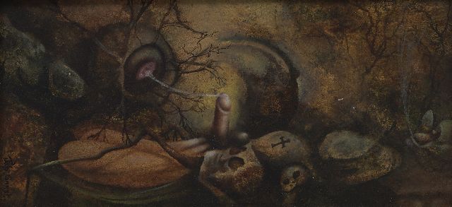 Johannes Garst | Erotic fantasy performance, oil on board, 10.1 x 20.1 cm, signed l.l.