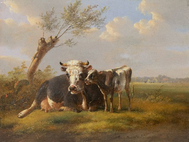 Verhoesen A.  | A cow and her calf in the meadow, oil on panel 23.0 x 29.8 cm, signed l.l. and dated 1853