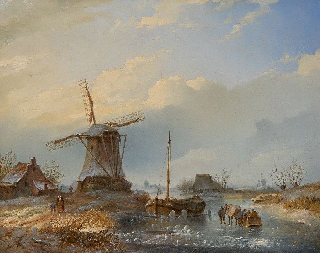 Johannes Hilverdink | A cold winter´s day with figures on the ice near a windmill, oil on canvas, 40.0 x 50.5 cm, signed l.l. and dated 1842