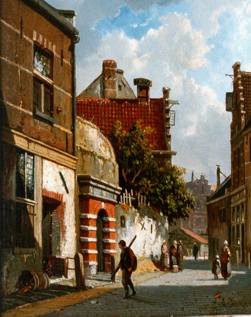 Adrianus Eversen | A sunlit street, oil on panel, 19.0 x 15.1 cm, signed l.r.