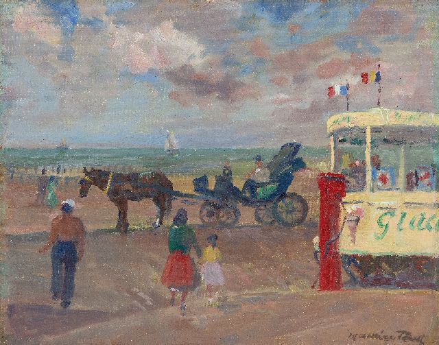 Paul M.  | Selling ice cream at the beach, oil on canvas laid down on board 28.2 x 36.1 cm, signed l.r.