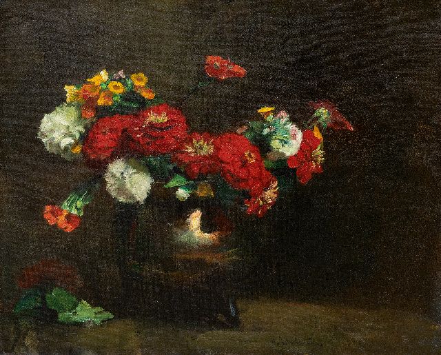 Arntzenius P.F.N.J.  | Zinnias in a copper vase, oil on canvas 43.0 x 50.4 cm, signed l.m.