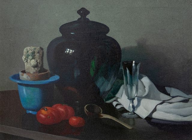 Hoff A.J. van 't | Still life with cactus in a pot, a glass bowl and tomatoes, oil on canvas 56.7 x 75.8 cm
