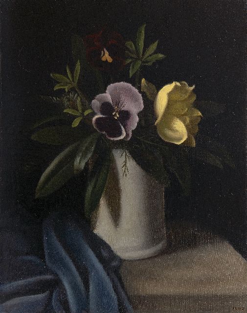 Marguerite Hynckes-Zahn | Flower still life with violet and rose, oil on canvas laid down on board, 42.6 x 33.7 cm, signed l.r. with initials
