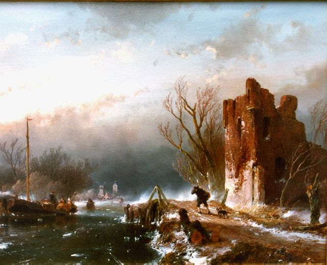 Andreas Schelfhout | A winter landscape with figures on the ice, oil on panel, 23.2 x 28.9 cm, signed l.r. and dated '56