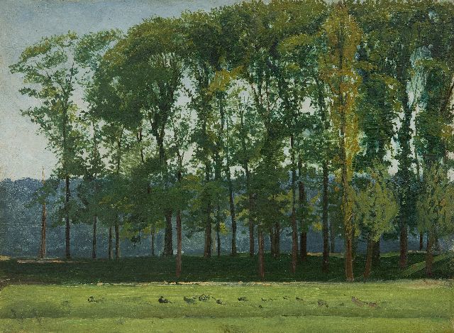 Roelofs W.  | Row of poplars, oil on panel 26.0 x 35.2 cm, signed l.l. with initials and painted ca. 1851-1855