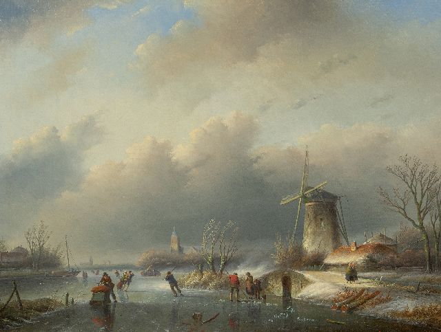 Jan Jacob Spohler | Skaters on ice near a windmill, oil on canvas, 60.2 x 80.0 cm, signed l.l.