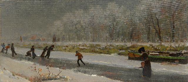 Daniël Jordens | Skaters on a frozen river, oil on canvas laid down on board, 27.3 x 59.8 cm, signed l.r. and dated 1909